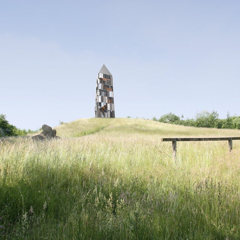 Rendering eines Aussichtsturms mit drehbaren Lamellen im Sonnenschein