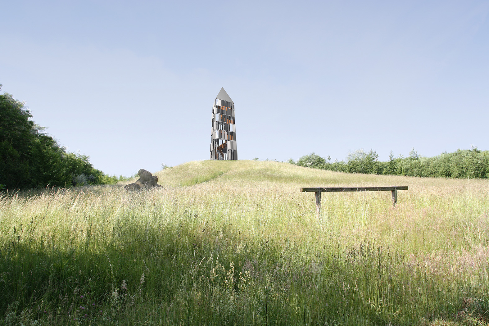 Rendering eines Aussichtsturms mit drehbaren Lamellen im Sonnenschein