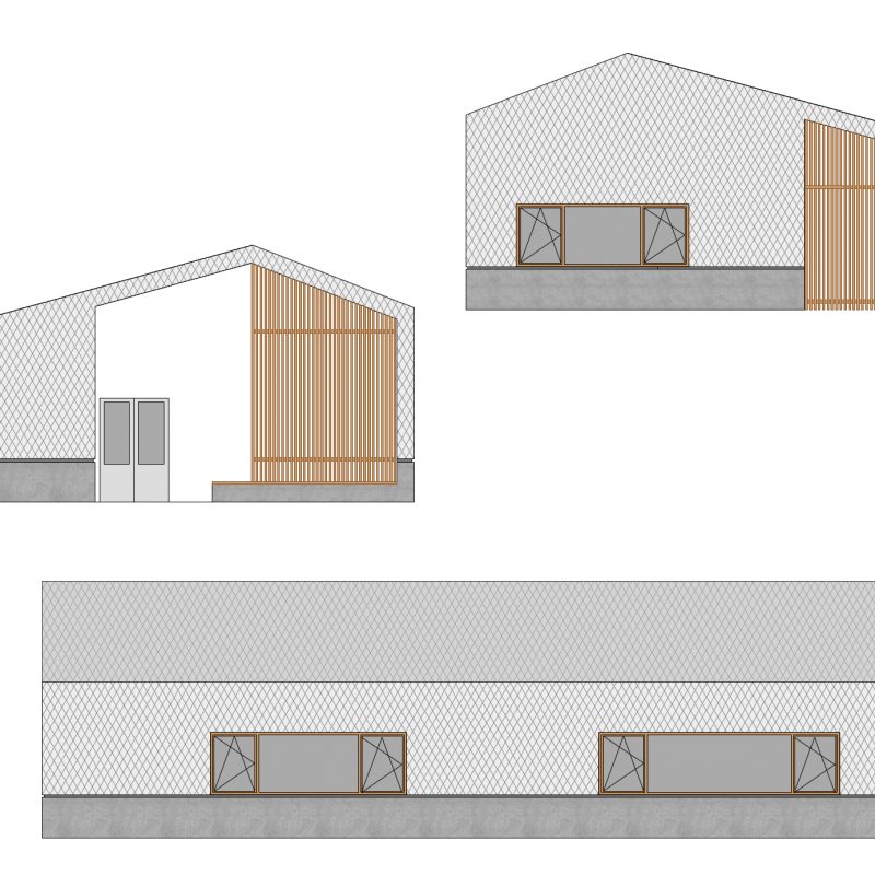 Variante: Ansichten mit Metallfassade, Holzlamellen und Fenstern