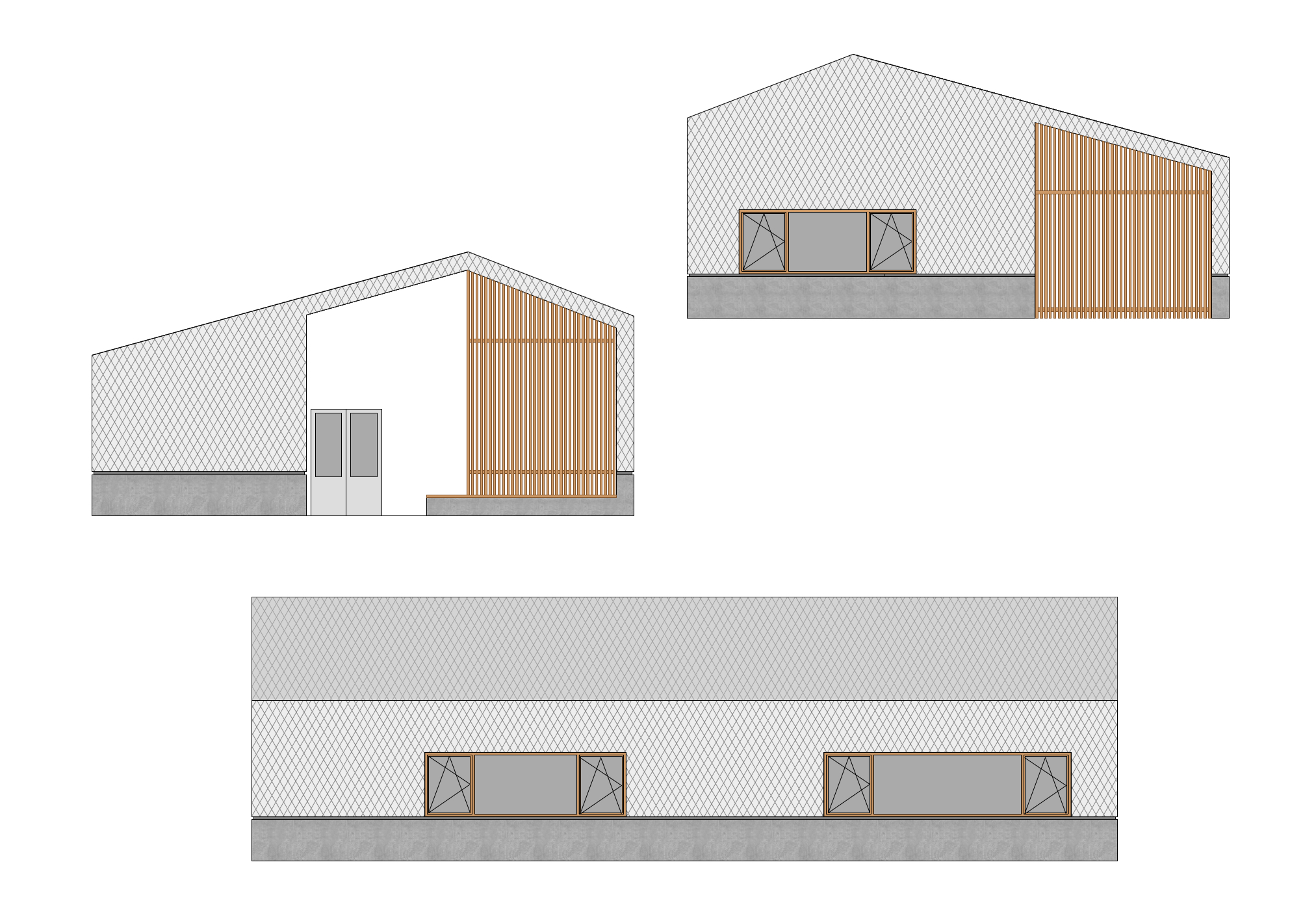 Variante: Ansichten mit Metallfassade, Holzlamellen und Fenstern