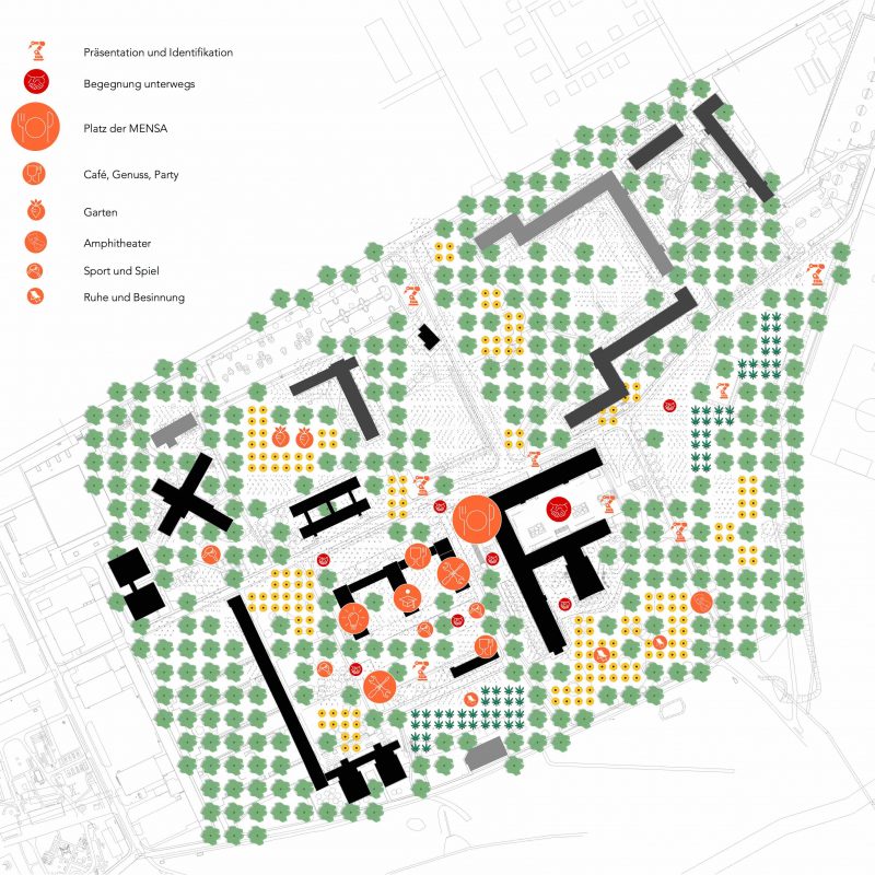 Campusplan mit Baumpflanzung, Sonnenblumenfeldern und Begegnungsorten