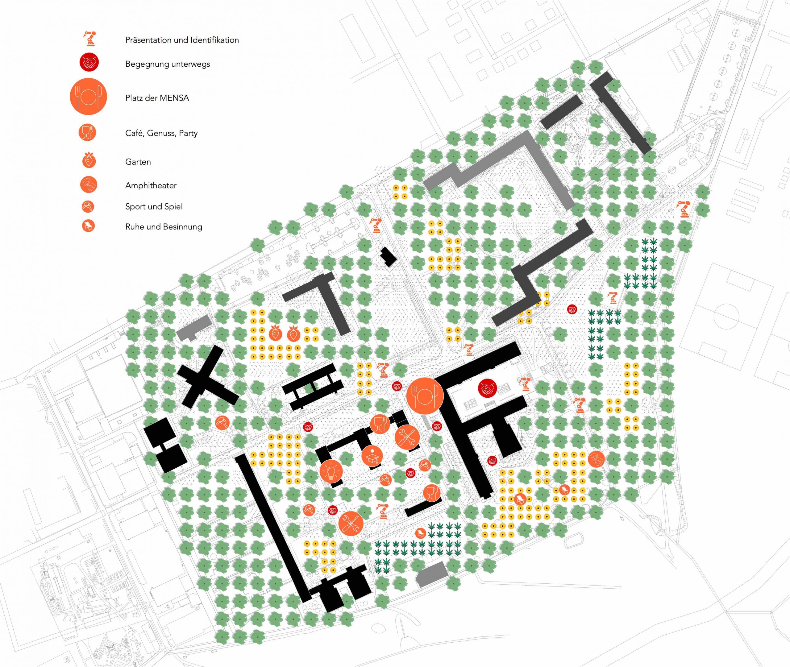 Campusplan mit Baumpflanzung, Sonnenblumenfeldern und Begegnungsorten