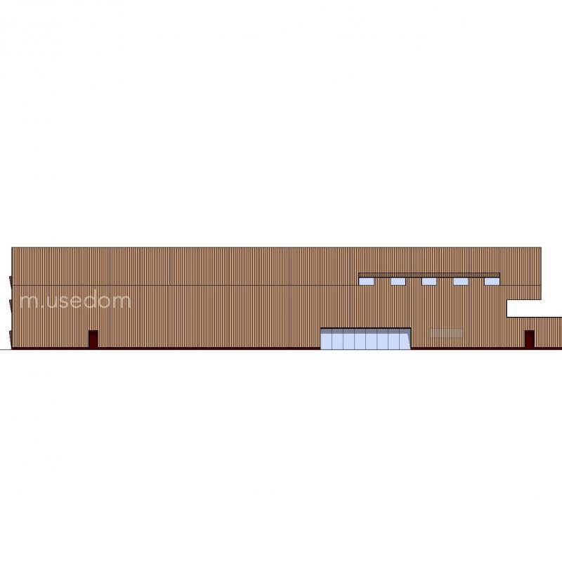 Ansicht mit Eingangsbereich und Holzfassade